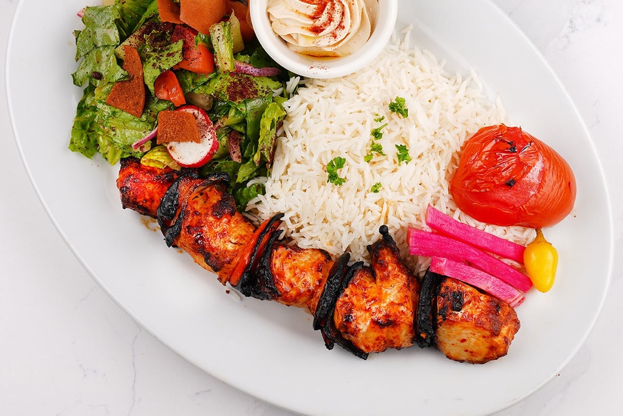 Order Chicken Kabob Plate (breast) food online from Tarme Mediterranean Grill store, Glendale on bringmethat.com