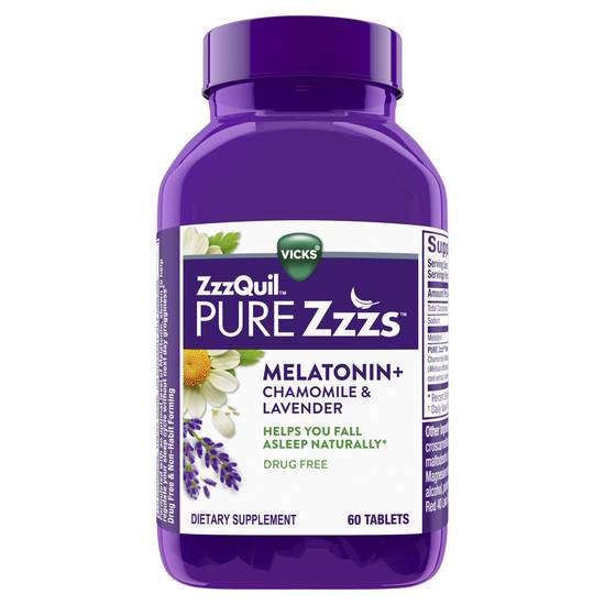 Order Vicks ZzzQuil PURE Zzzs Tablets Nightly Sleep, Melatonin Sleep Aid (60 ct) food online from Rite Aid store, Palm Desert on bringmethat.com