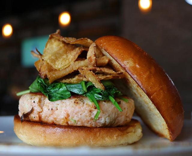 Order Salmon Burger food online from District 118 Kitchen And Bar store, Newton Upper Falls on bringmethat.com