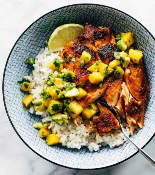 Order BBQ Salmon Rice Bowl with Mango Avocado Salsa food online from The Spice Of Life Catering store, Carrollton on bringmethat.com
