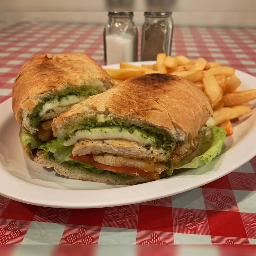 Order 5. Chicken Pesto Sandwich - Sandwich food online from Village Cafe & Pizza store, Los Angeles on bringmethat.com