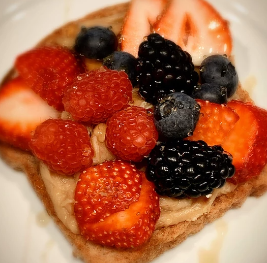 Order Peanut Butter Mascarpone and Berries Toast food online from Soco Coffee & Bistro store, Dallas on bringmethat.com
