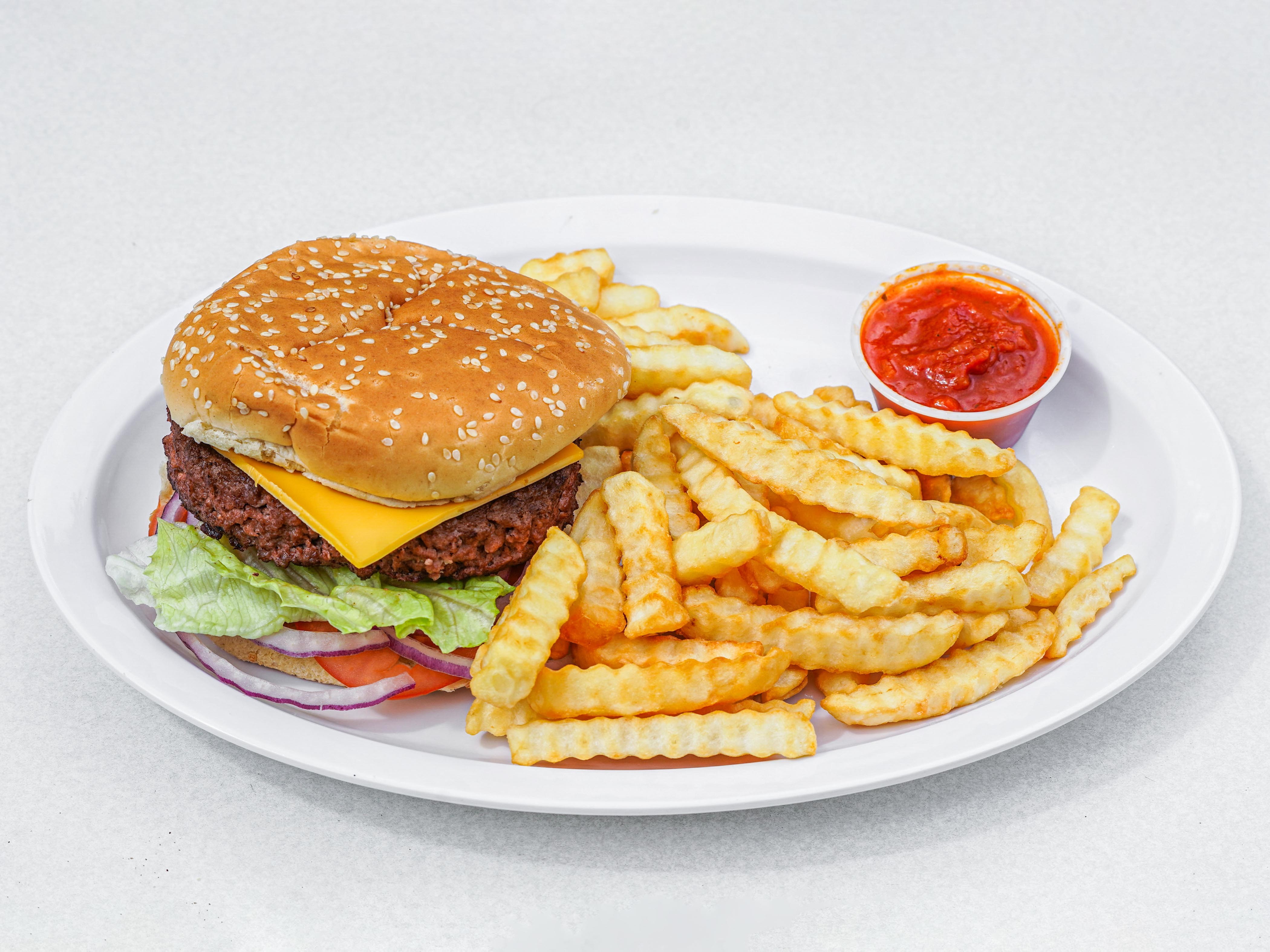 Order Bleu Cheese Burger with Fries food online from Peppoli Pizza & Philly Steak store, San Diego on bringmethat.com