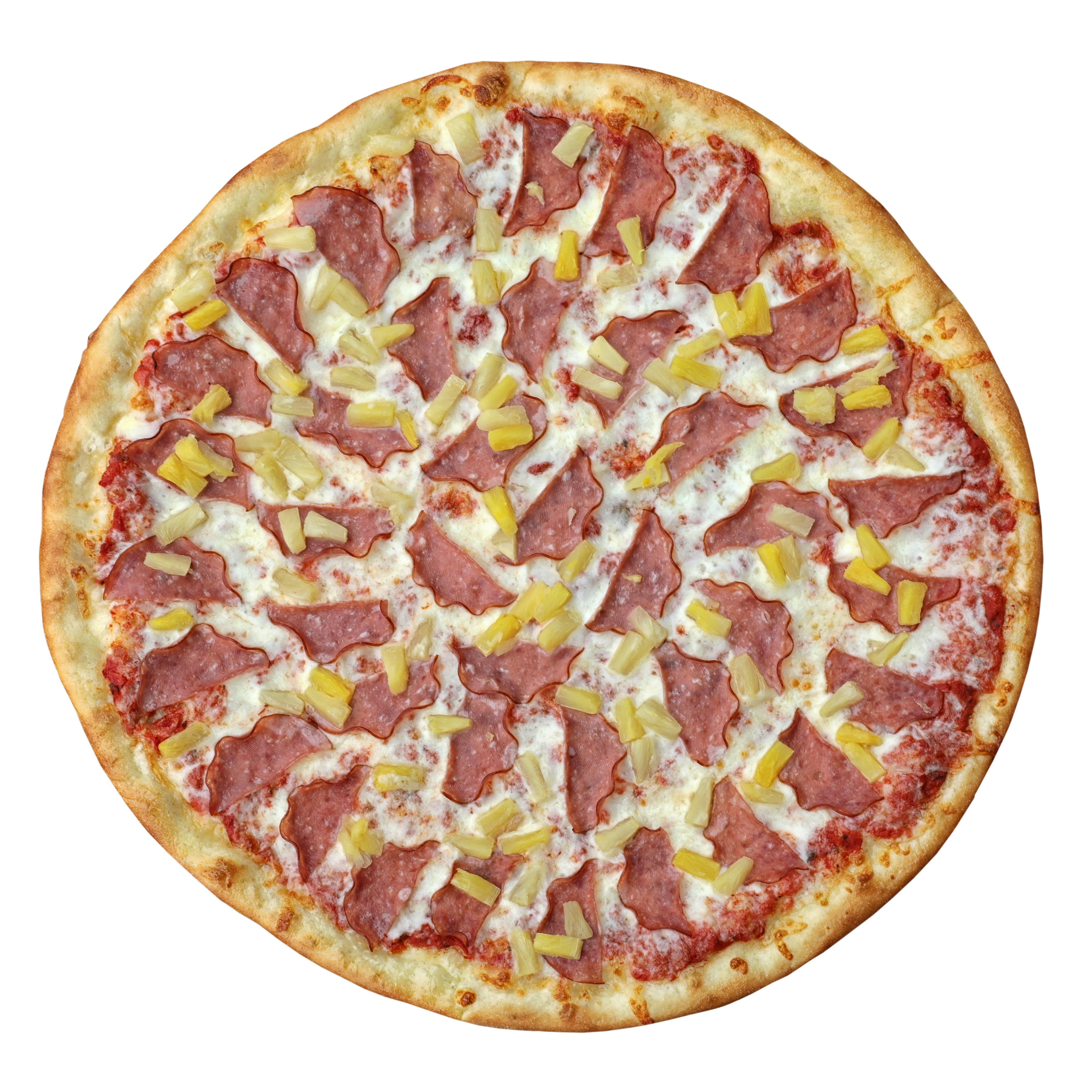 Order Hawaiian Pizza (Red sauce, diced pineapple, Canadian bacon & mozzarella) - Medium 14" food online from Zozo's N. Y. Pizza store, San Diego on bringmethat.com
