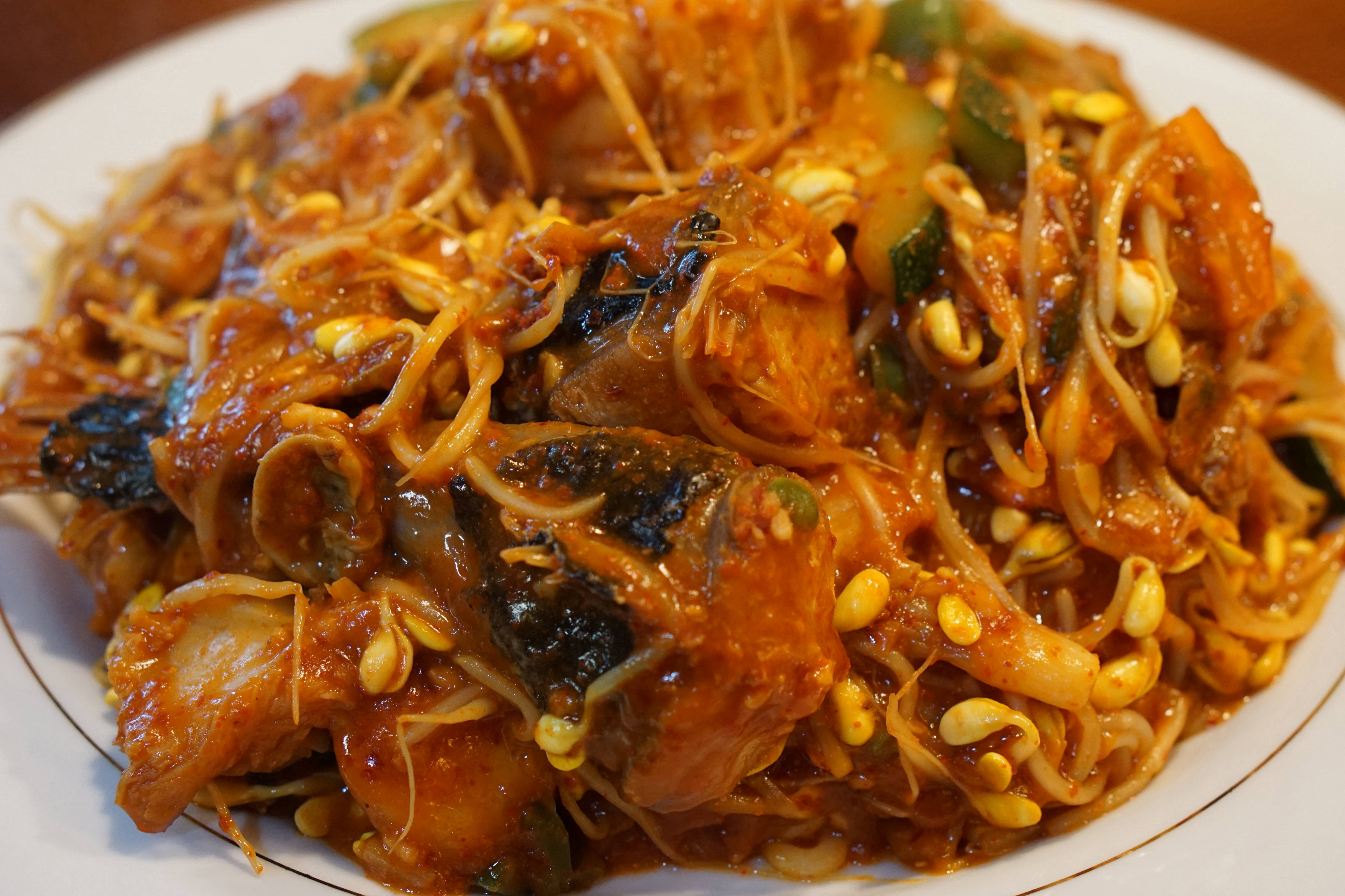 Order T13. Spicy Braised Monkfish with Bean Sprouts food online from Mg Tofu House store, Los Angeles on bringmethat.com