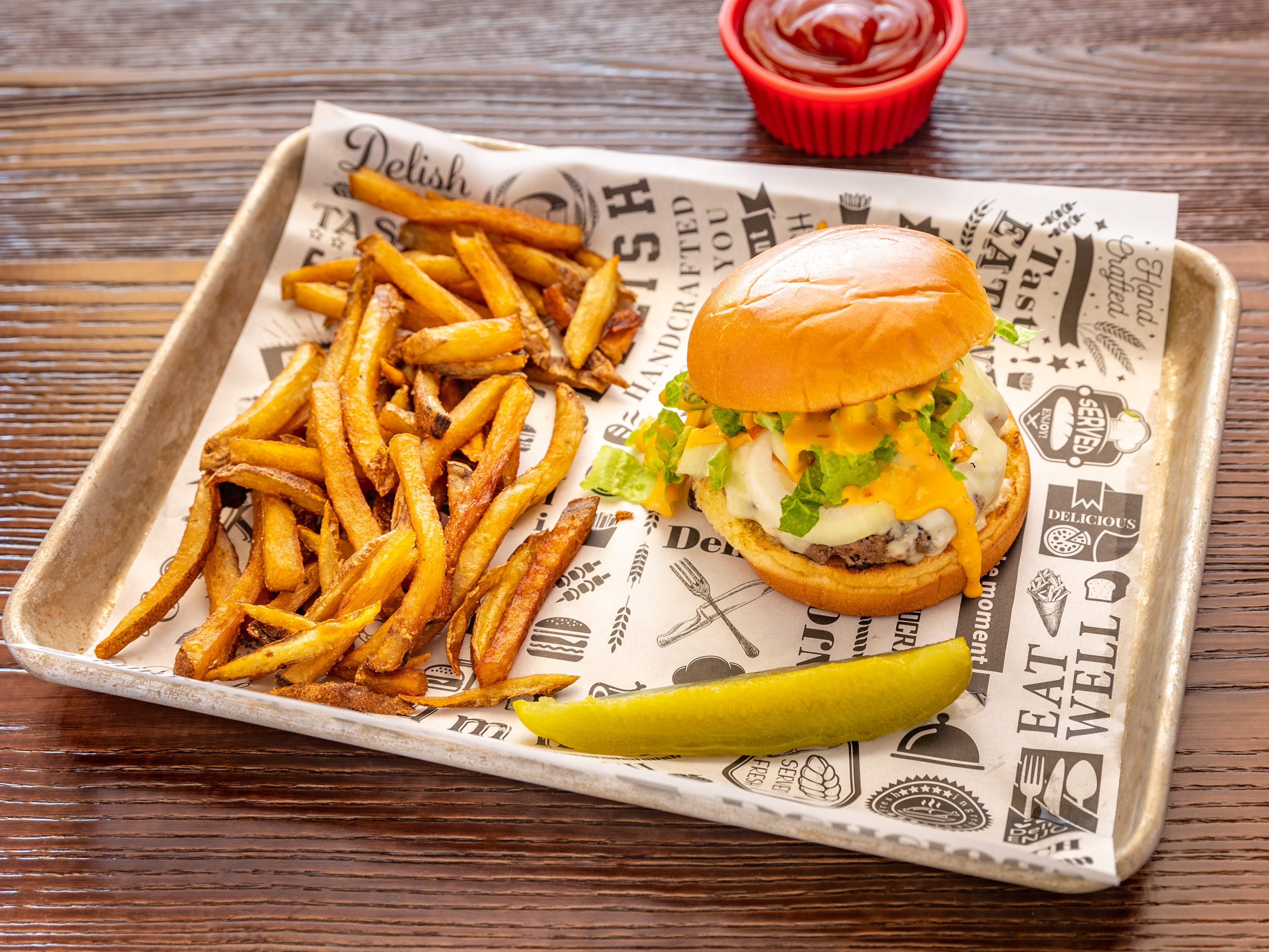 Order Classic Dunny Burger w/ seasoned house fries and a pickle food online from Dunny's Saloon store, Fall River on bringmethat.com