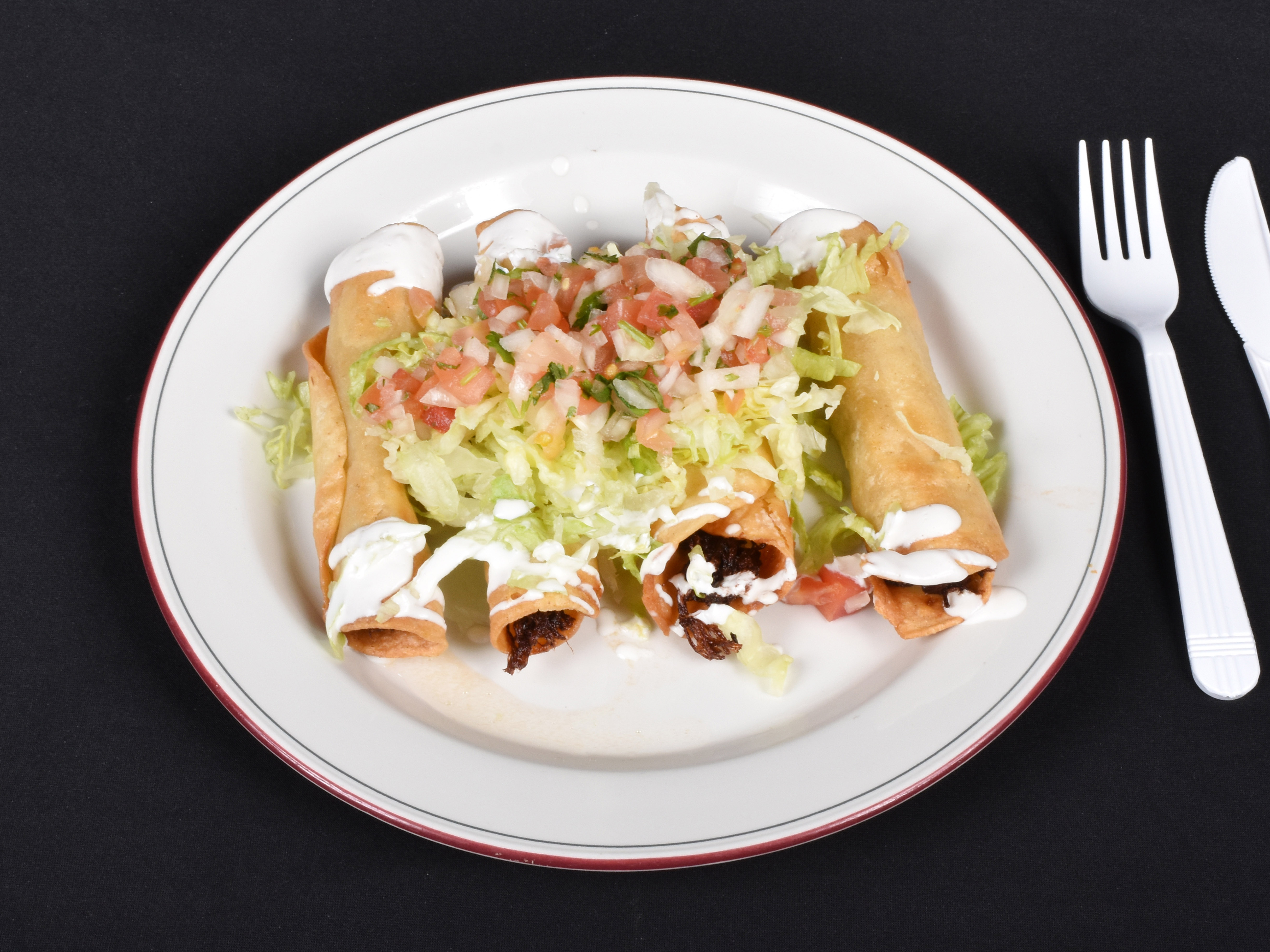 Order BEEF FLAUTAS food online from Tabasco Mexican Grill store, Ossining on bringmethat.com