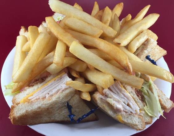 Order 22. Turkey Club with French Fries food online from Michael's Burgers store, Canoga Park on bringmethat.com