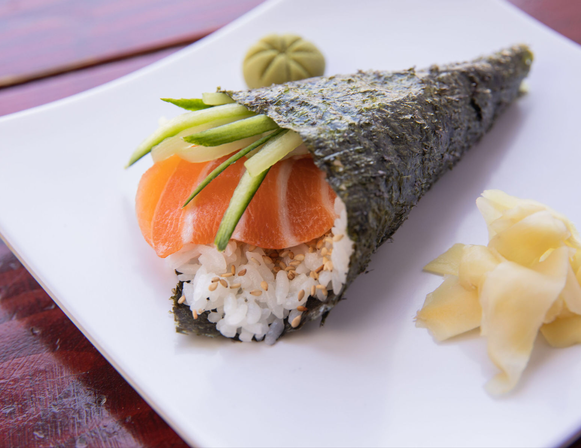 Order Salmon Hand Roll food online from Meshuga 4 Sushi - N. La Brea Ave. store, Los Angeles on bringmethat.com