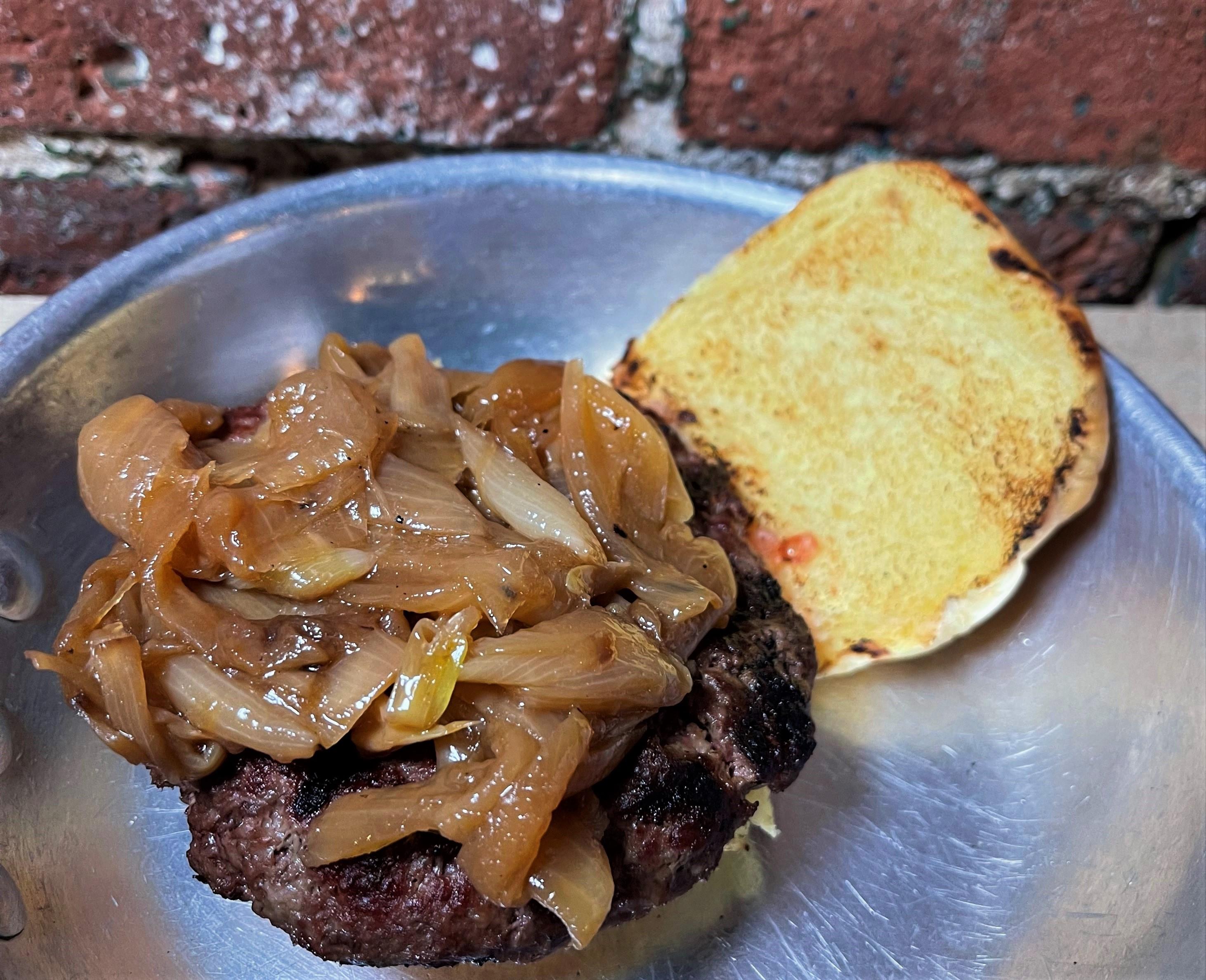 Order 1/2 lb.  Burger Caramelized Onions food online from AJ's Burgers store, New Rochelle on bringmethat.com