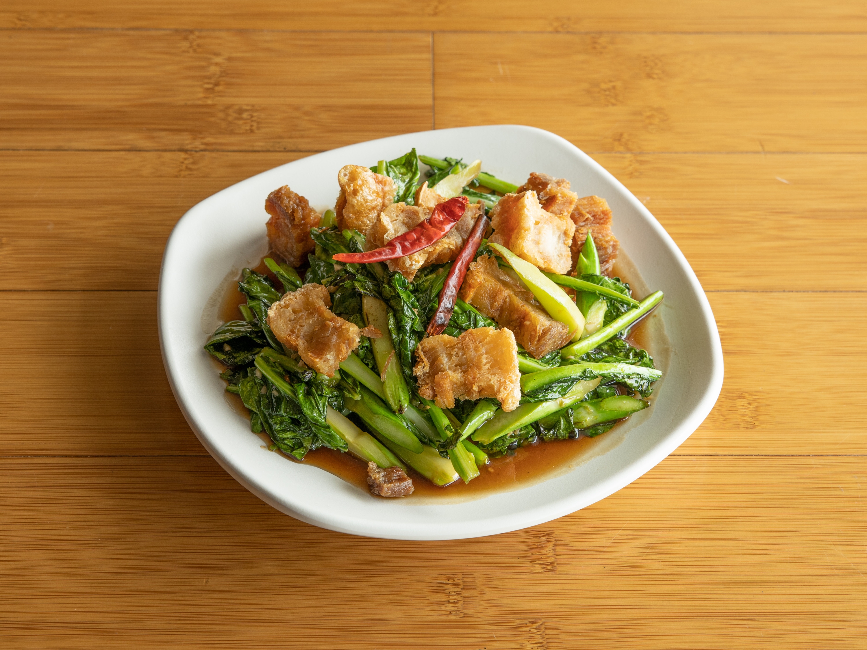 Order Chinese Broccoli with Crispy Pork food online from The Basil store, Long Beach on bringmethat.com