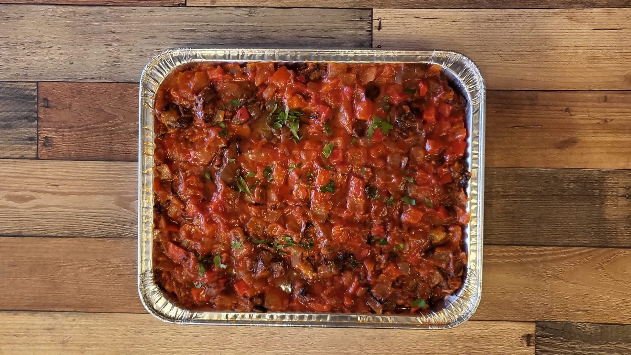 Order Eggplant Tomato Dip Half Tray Shallow + Bread food online from Köy Grill store, East Brunswick on bringmethat.com