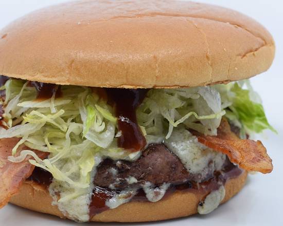 Order THE BBQ BACON BLUE BURGER food online from PB Food Court store, San Diego on bringmethat.com