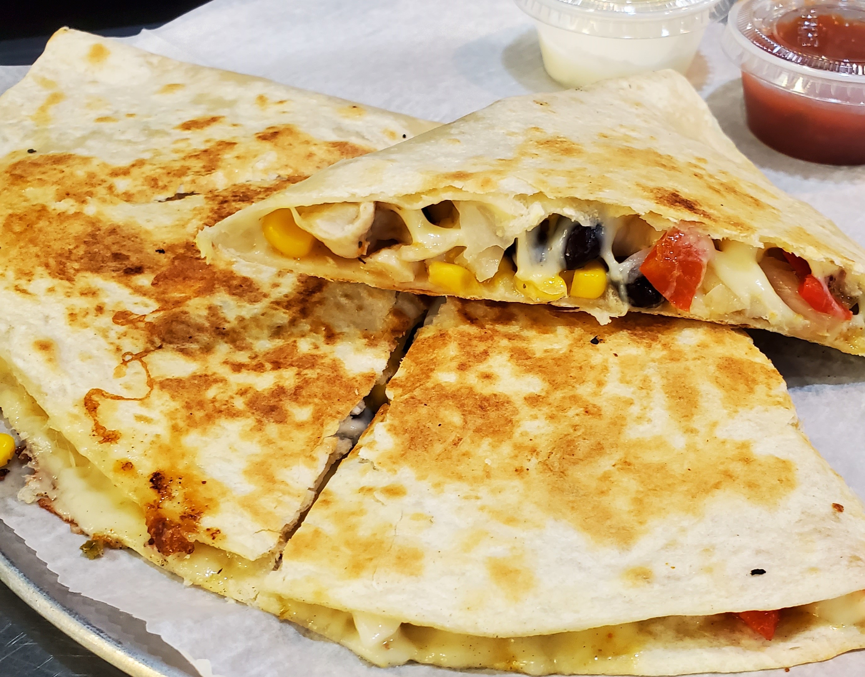 Order Santa Fe Chicken Quesadilla food online from Island Smoothie Cafe store, Bethpage on bringmethat.com