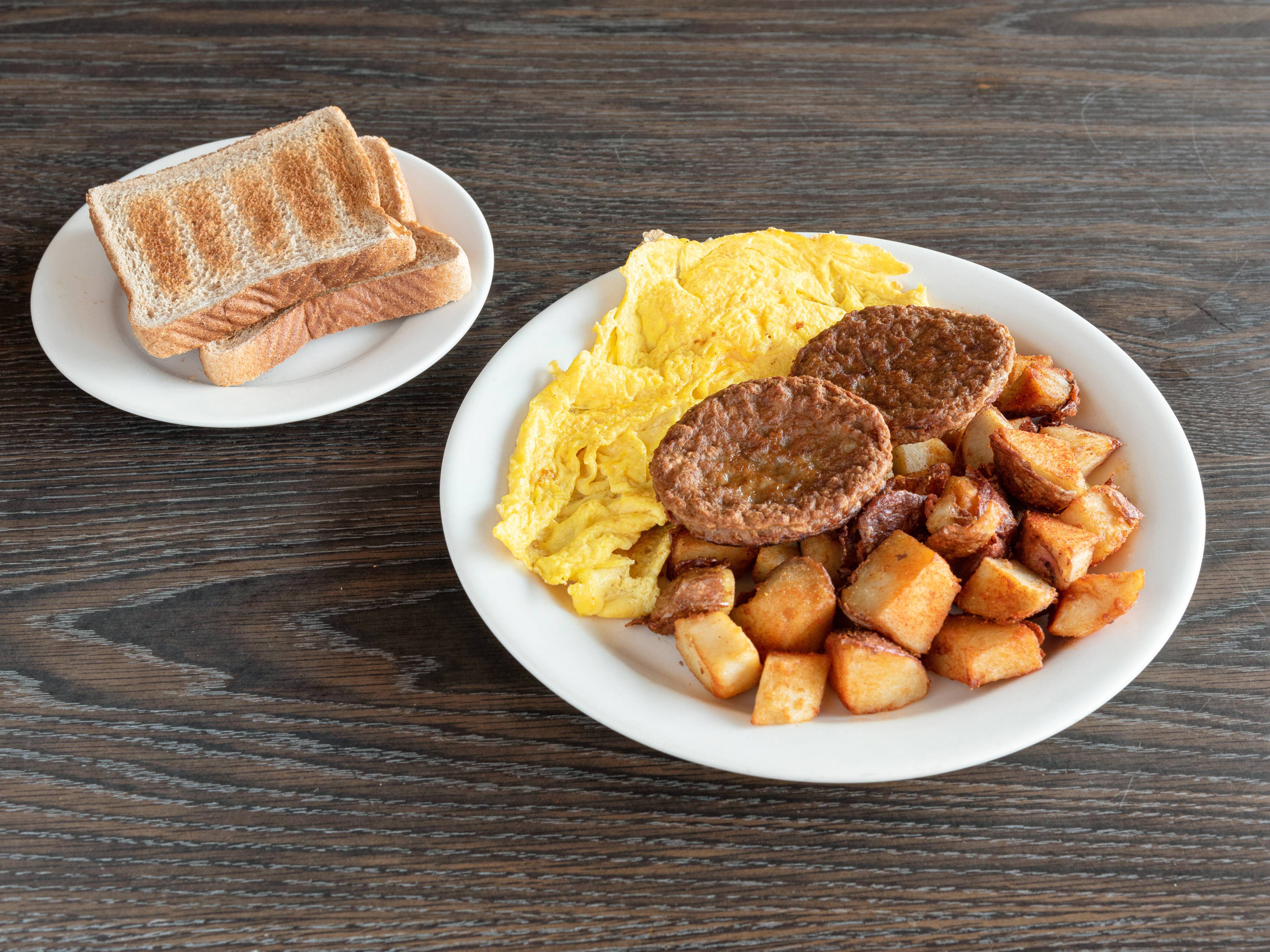 Order #4. Two Eggs and Pattie Sausage homefries or grits food online from Brothers deli restaurant store, Mattapan on bringmethat.com