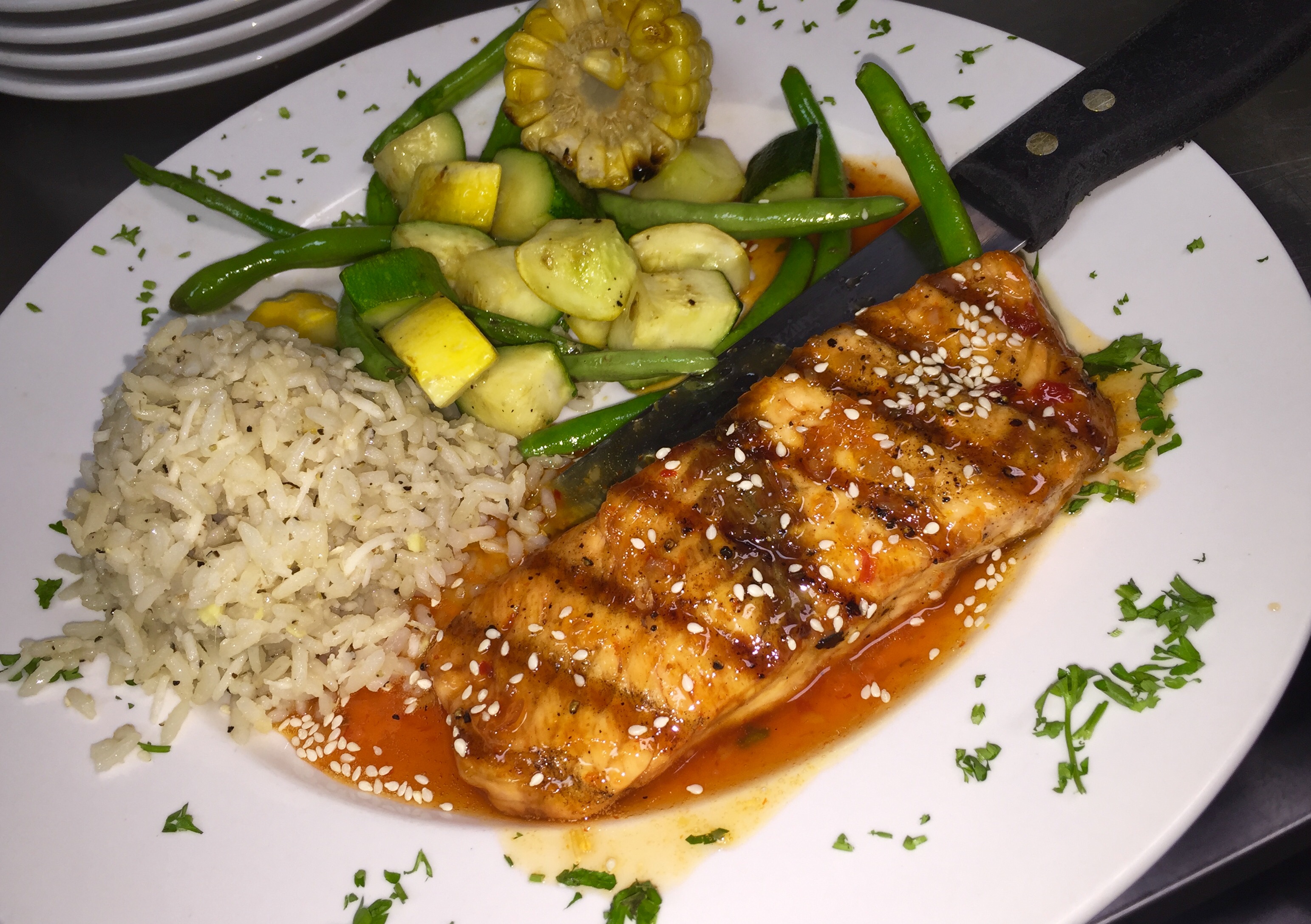 Order Sweet Chili Grilled North Atlantic Salmon food online from Shakers Bar and Grill store, Wixom on bringmethat.com