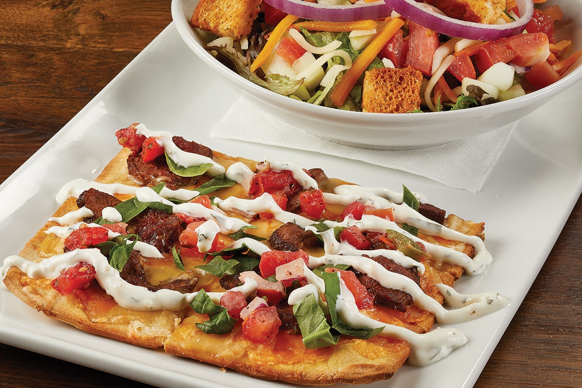 Order FULL SOUTHWEST STEAK FLATBREAD & SALAD DUO food online from Millers Ale House store, Gainesville on bringmethat.com
