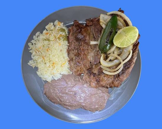 Order Grilled Steak, Beans, Rice and Two Tortillas (carne ranchera) food online from Sabrositas store, Los Angeles on bringmethat.com