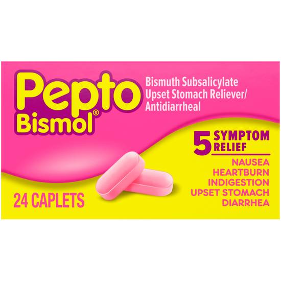 Order Pepto Bismol Upset Stomach Reliever/Antidiarrheal Caplets (24 ct) food online from Rite Aid store, Cortland on bringmethat.com