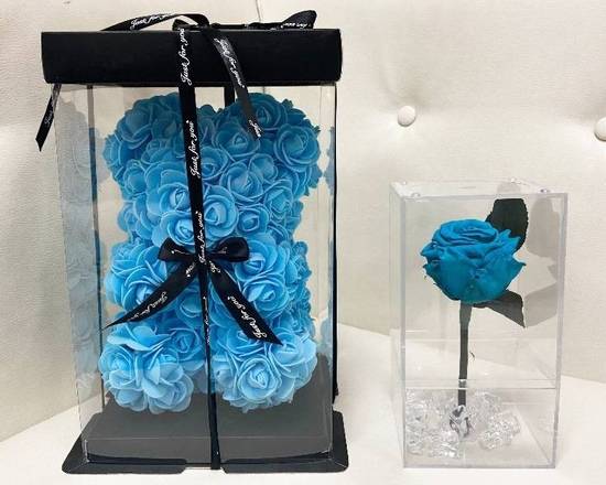 Order Foamy teddy bear rose with a blue real rose than last 1 year or more  food online from Eugenia Flowers store, Cicero on bringmethat.com