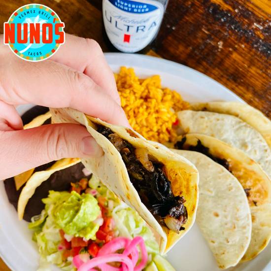 Order BARBACOA TACO PLATE 3ct food online from Nuno's Tacos & Vegmex Grill store, Dallas on bringmethat.com