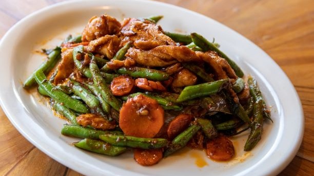 Order 26. Fried Green Beans in Red Chili Sauce food online from Peppers Thai Cuisine store, Palm Desert on bringmethat.com