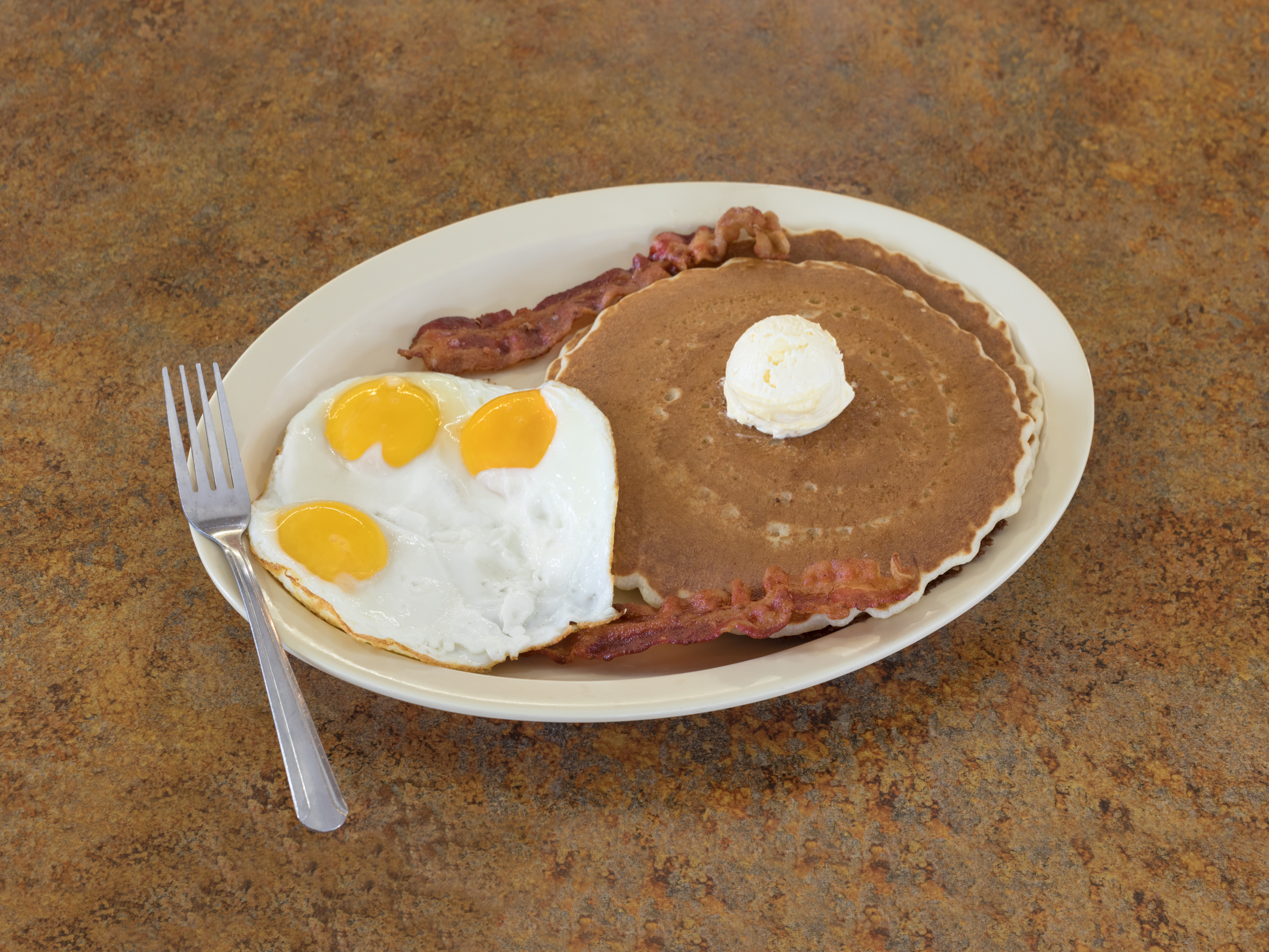 Order Pancakes SP 2 Eggs and 2 Bacon food online from Super Tom Burgers store, Azusa on bringmethat.com