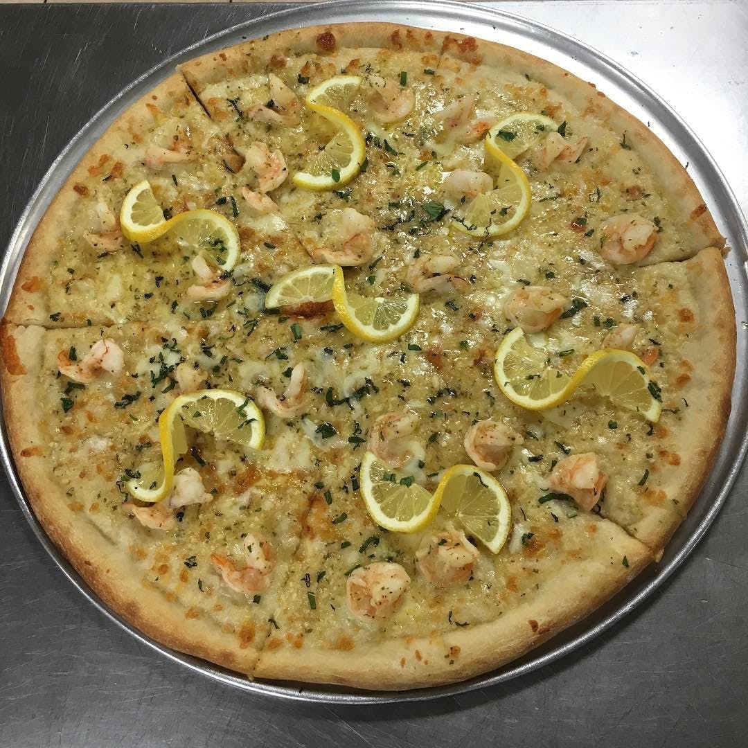 Order Shrimp Scampi Pizza - Medium 16" food online from Tosco store, New Windsor on bringmethat.com