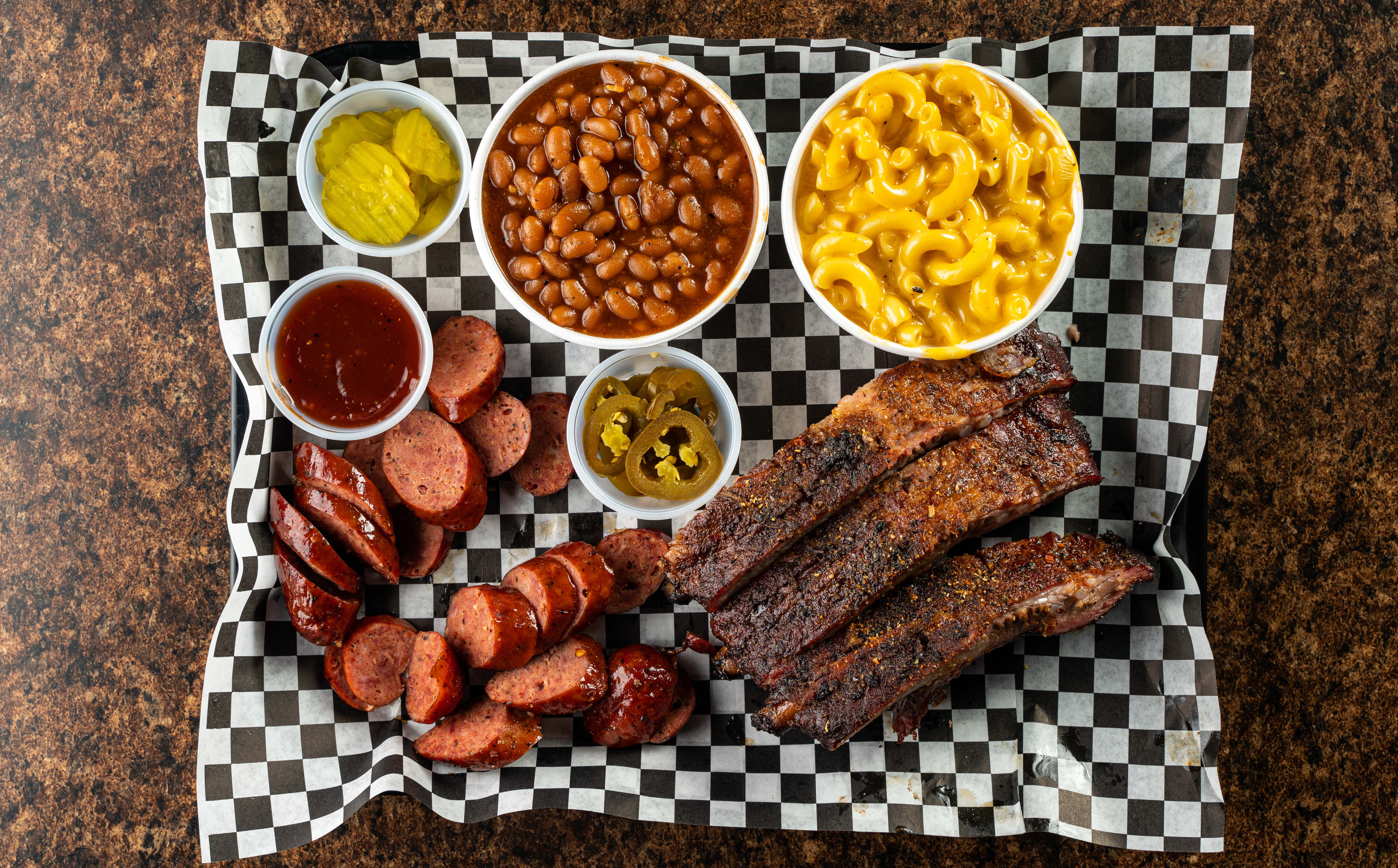 Order 2 Meats Plate food online from Winners Bbq store, Plano on bringmethat.com