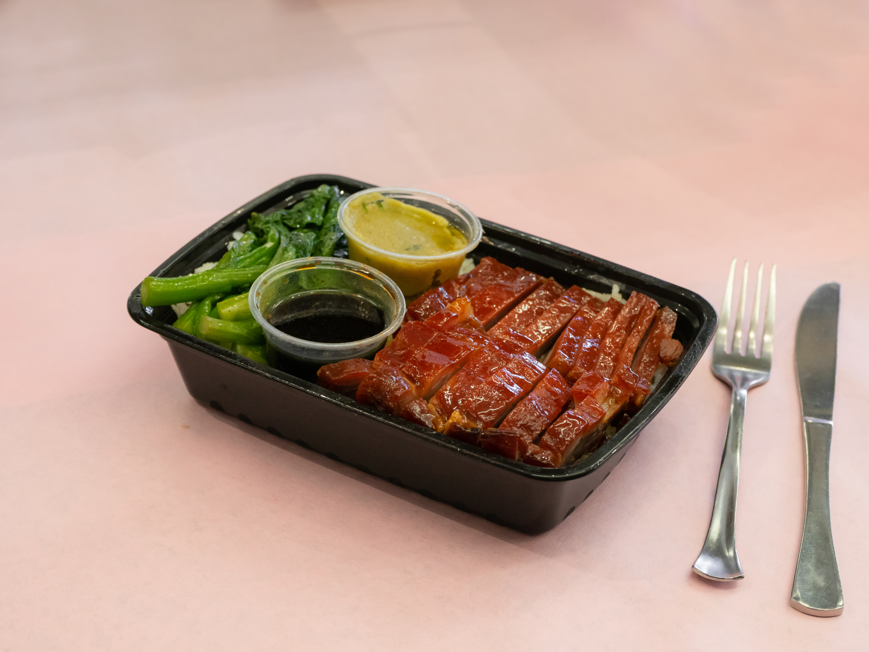 Order Orange Blossom Honey Glazed BBQ Pork Rice Plate  叉燒飯 food online from Go Duck Yourself Crafted By Hing Lung Company store, San Francisco on bringmethat.com