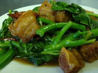 Order 55. Chinese Broccoli with Crispy Pork Belly food online from Nine and Nine store, Pasadena on bringmethat.com