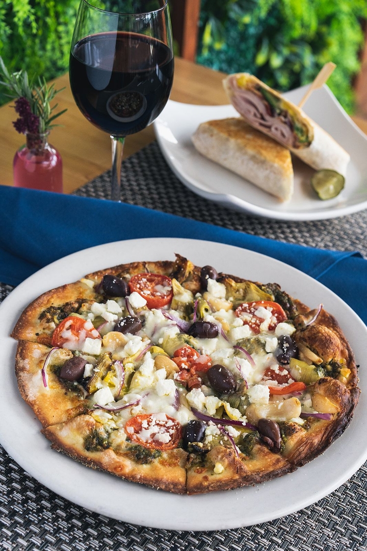 Order Greek Veggie Pizza (V) food online from Blue Water Grill store, Grand Rapids on bringmethat.com
