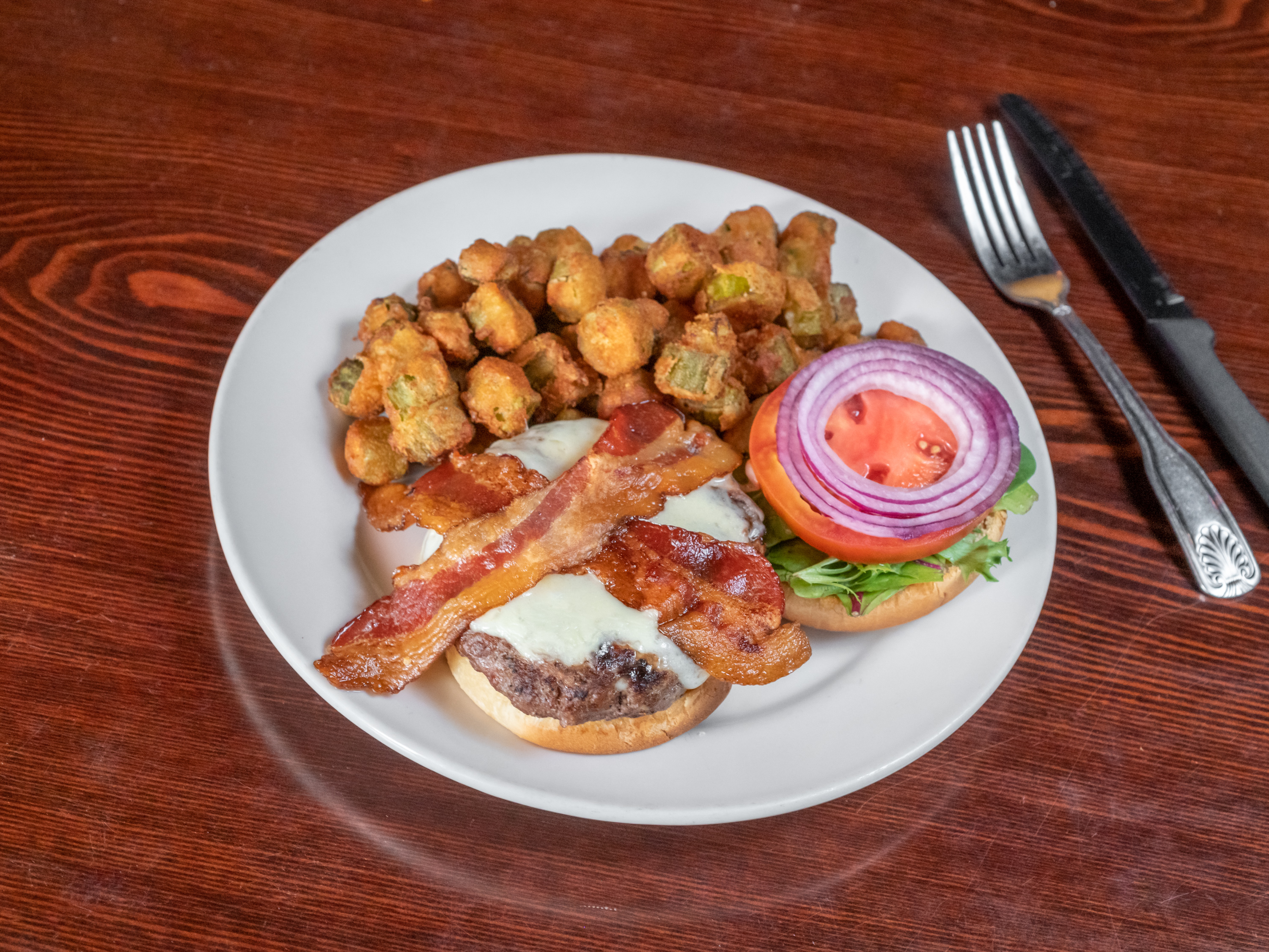 Order Bacon and Swiss Burger and Choice of Appetizers food online from Black Bear Tavern store, Atlanta on bringmethat.com