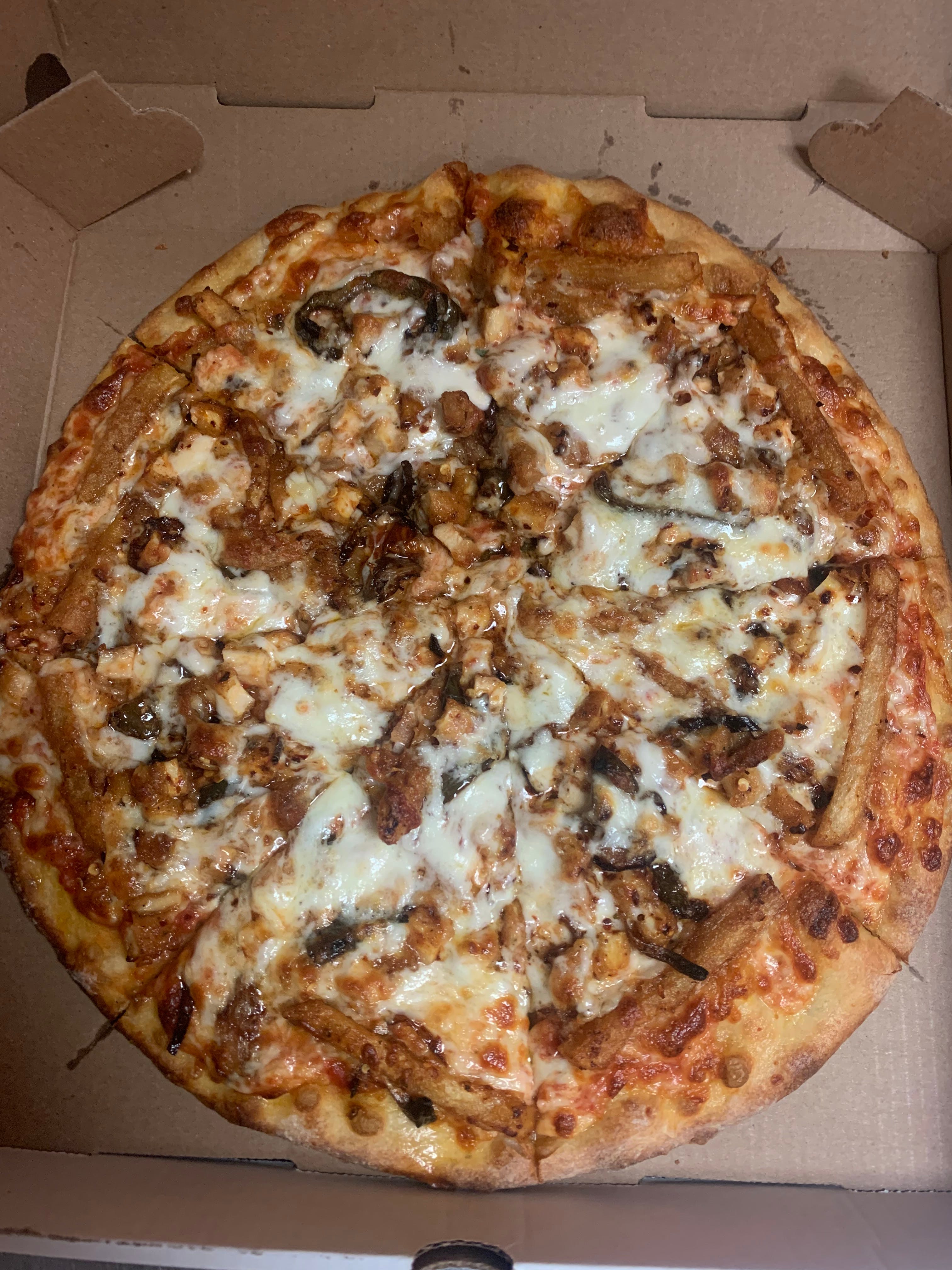 Order Halal Chicken & Fries Pizza - 12 Inch Small Pizza 6 slice food online from Royal Pizza store, Lake Ronkonkoma on bringmethat.com