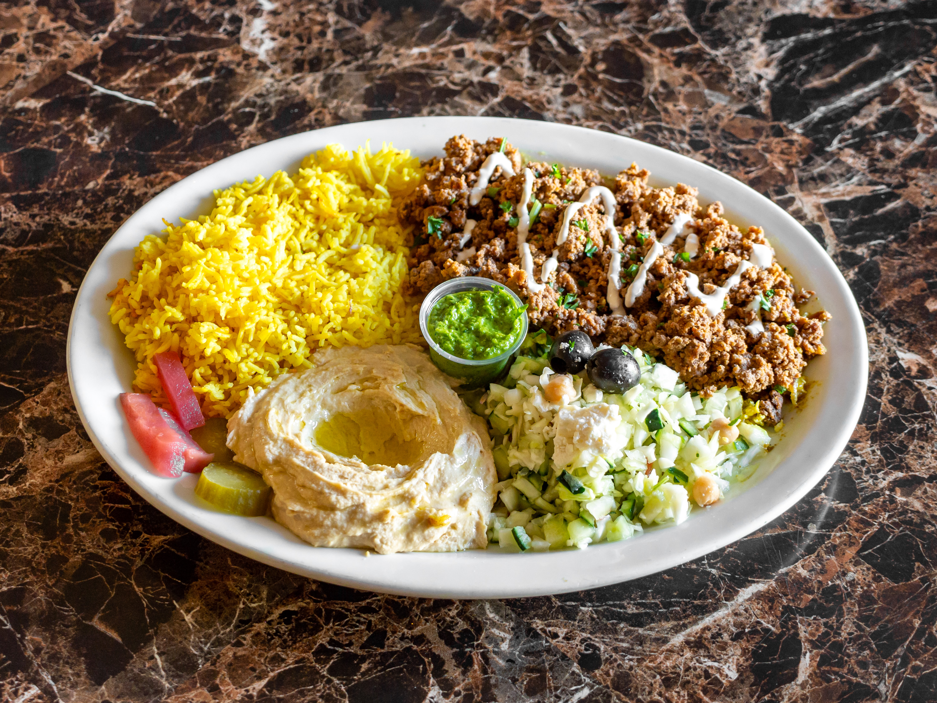 Order Ground Beef Plate food online from Village Hummus store, San Mateo on bringmethat.com