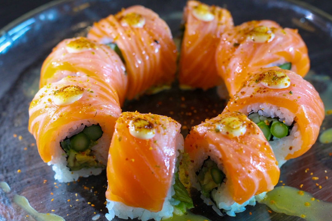 Order Salmon Aburi Yuzu Cut Roll food online from Taiko store, Irvine on bringmethat.com