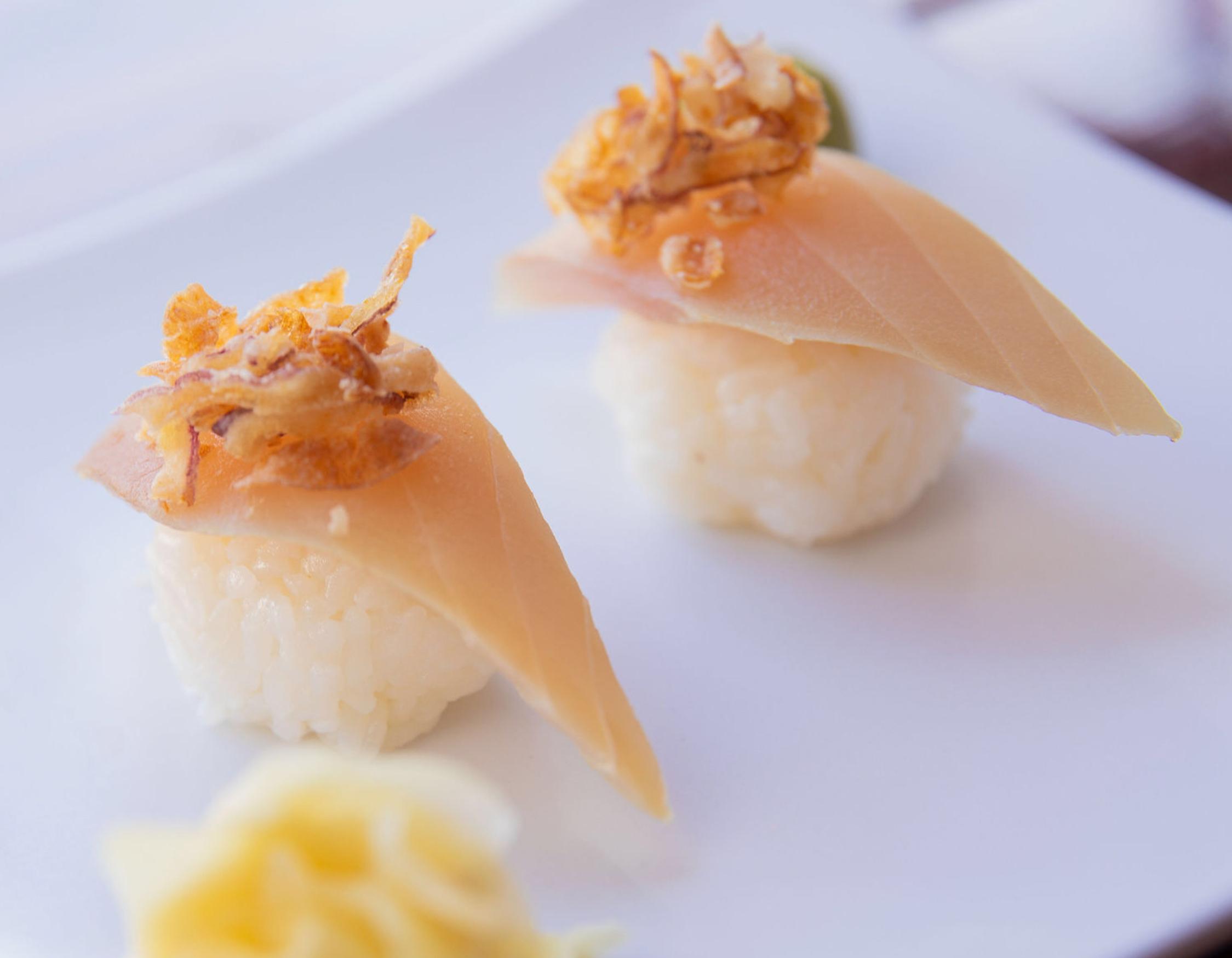 Order 2pc. Albacore Nigiri food online from Meshuga 4 Sushi - W. Pico Blvd. store, Los Angeles on bringmethat.com