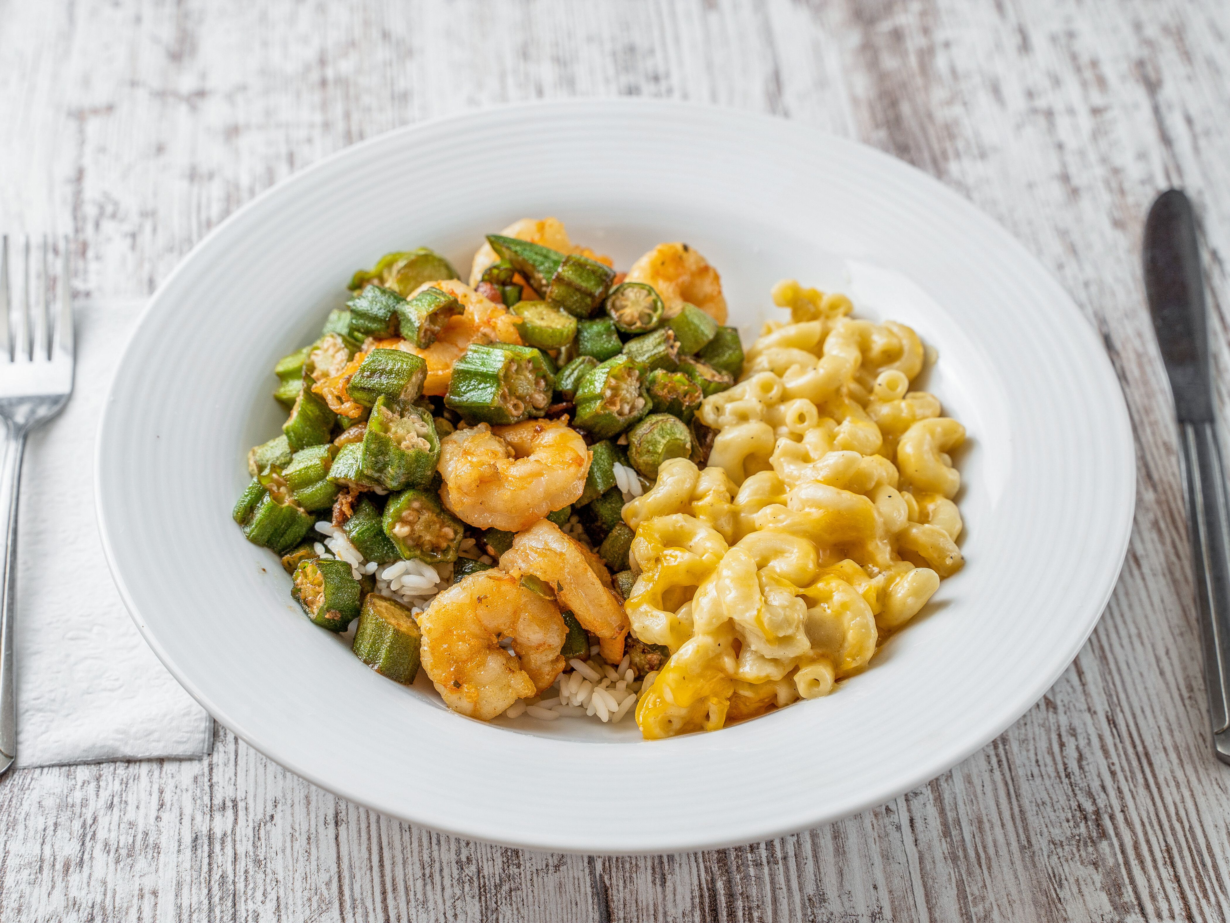 Order Shrimp and Okra, 2 Sides Specialty Dish food online from Jason Restaurant store, Beaufort on bringmethat.com