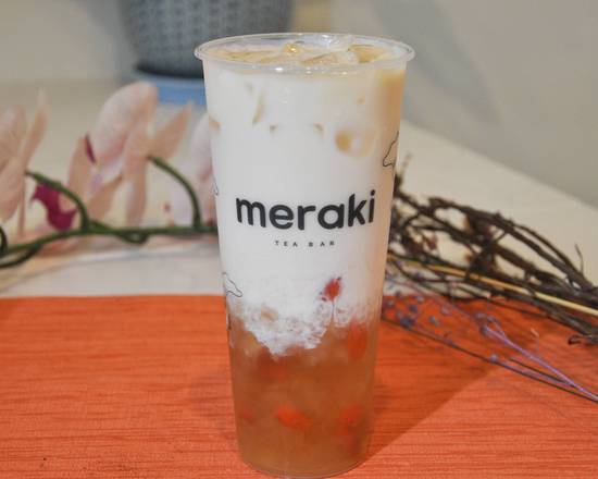Order Peach Gum Milk Tea food online from Meraki Tea Bar store, Seattle on bringmethat.com