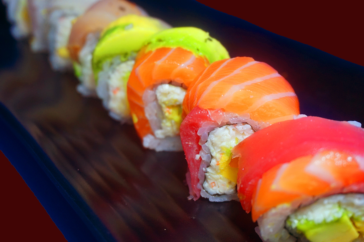Order Rainbow Roll food online from Nonstop Sushi & Sake Bar store, Santa Monica on bringmethat.com