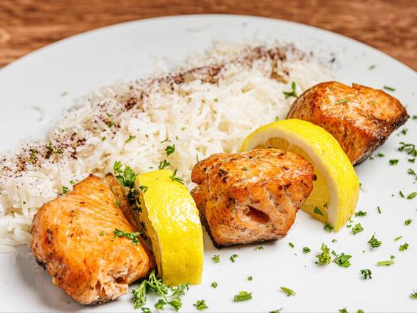 Order Fire Grilled Salmon Kebab Plate food online from Lusy's Mediterranean Cafe store, Los Angeles on bringmethat.com