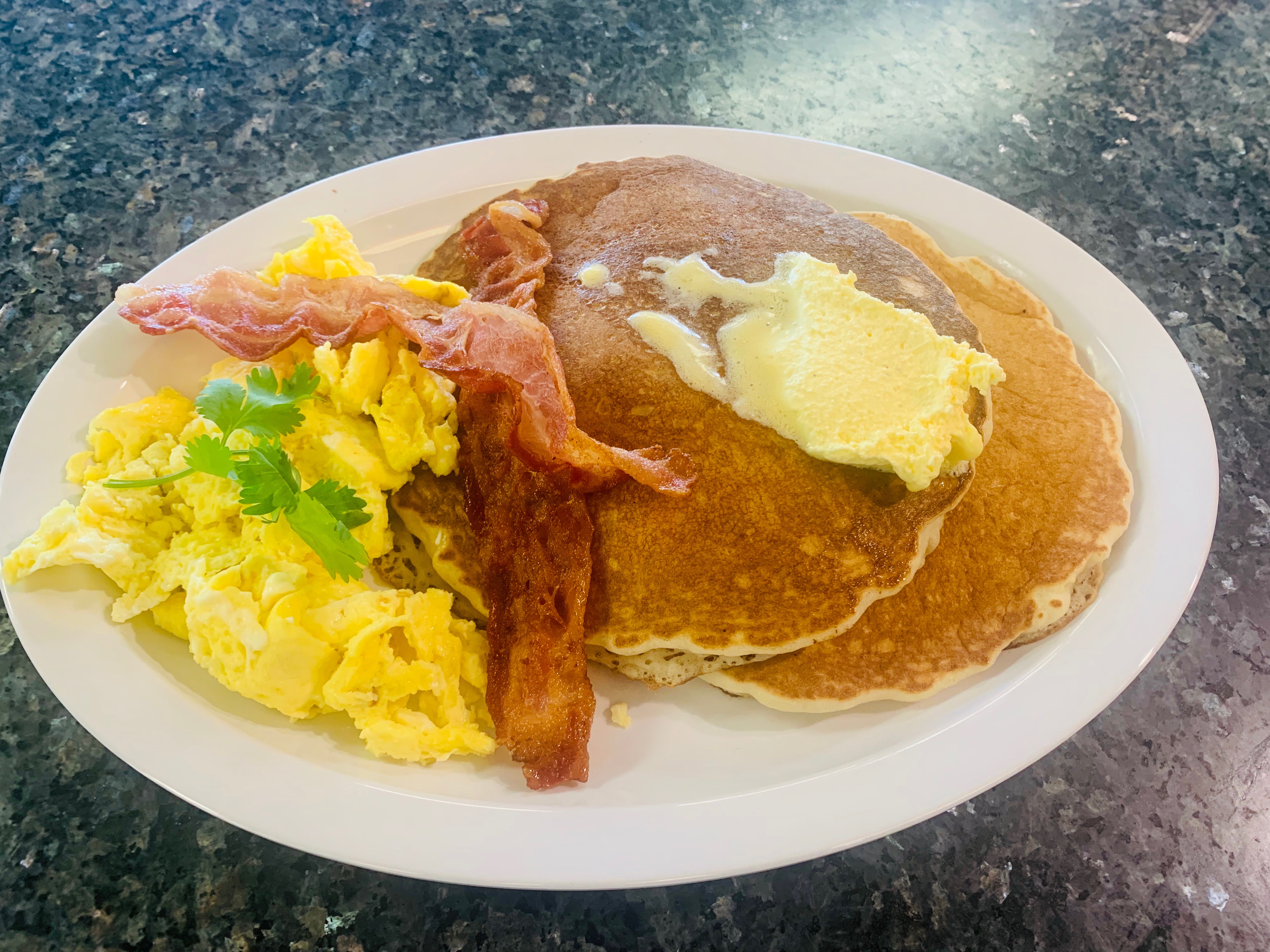 Order Pancakes, 2 Eggs and Bacon food online from Andy's #4 Burgers store, Indio on bringmethat.com