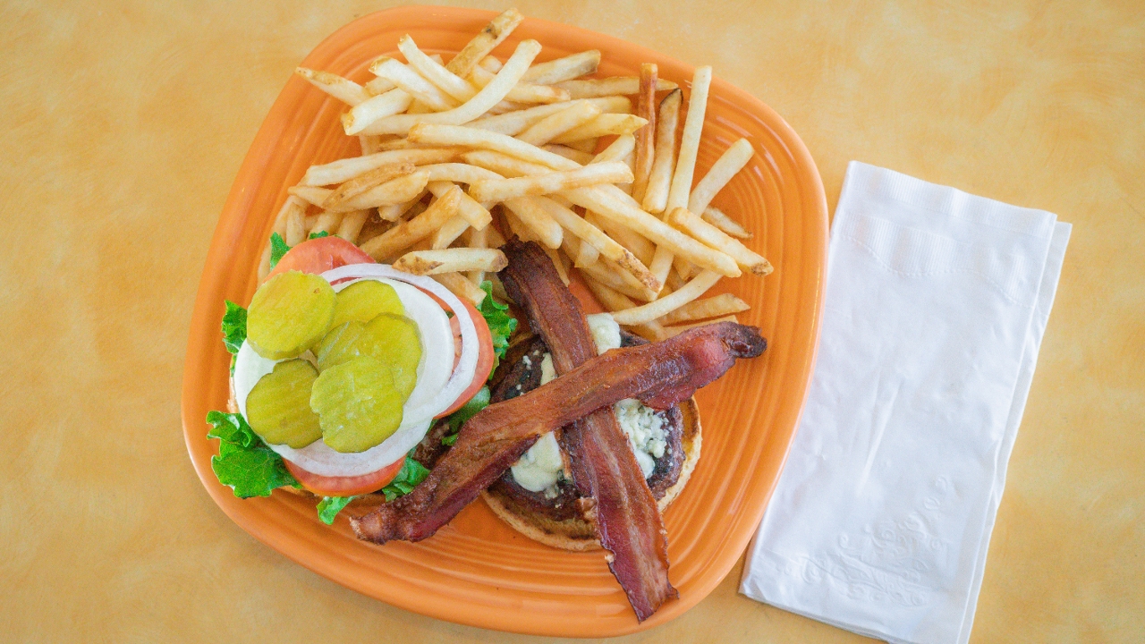 Order Blue Cheese and Bacon Burger food online from Rockridge Cafe store, Oakland on bringmethat.com