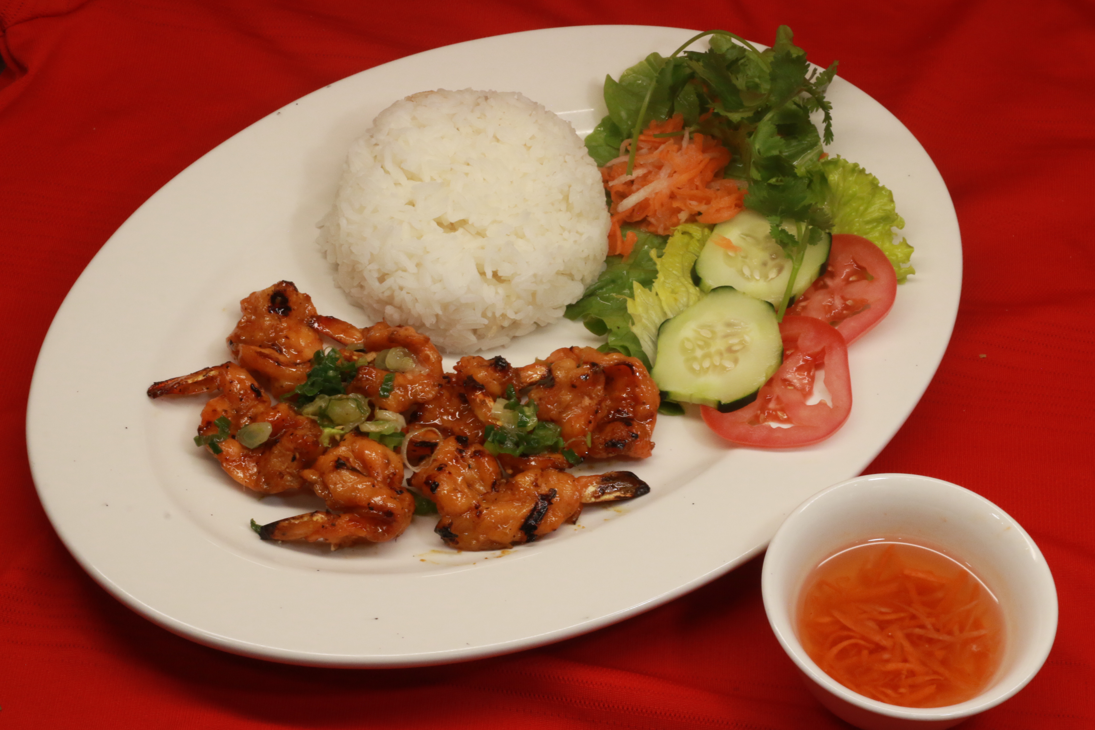Order R5. Grilled Shrimp Rice Plate food online from Pho Khang store, Englewood on bringmethat.com