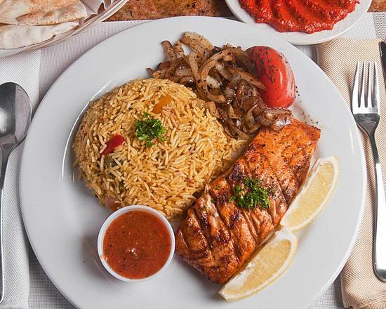 Order Grilled Salmon food online from Aroma Mediterranean Cuisine store, King of Prussia on bringmethat.com
