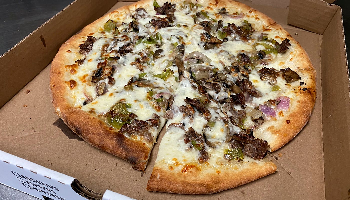 Order Philly Steak Pizza - 12'' food online from New York New York Pizza and Pasta store, La Mesa on bringmethat.com