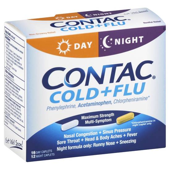 Order Contac Day & Night Multi-Symptom Cold + Flu Caplets Maximum Strength (28 ct) food online from Rite Aid store, LEWES on bringmethat.com