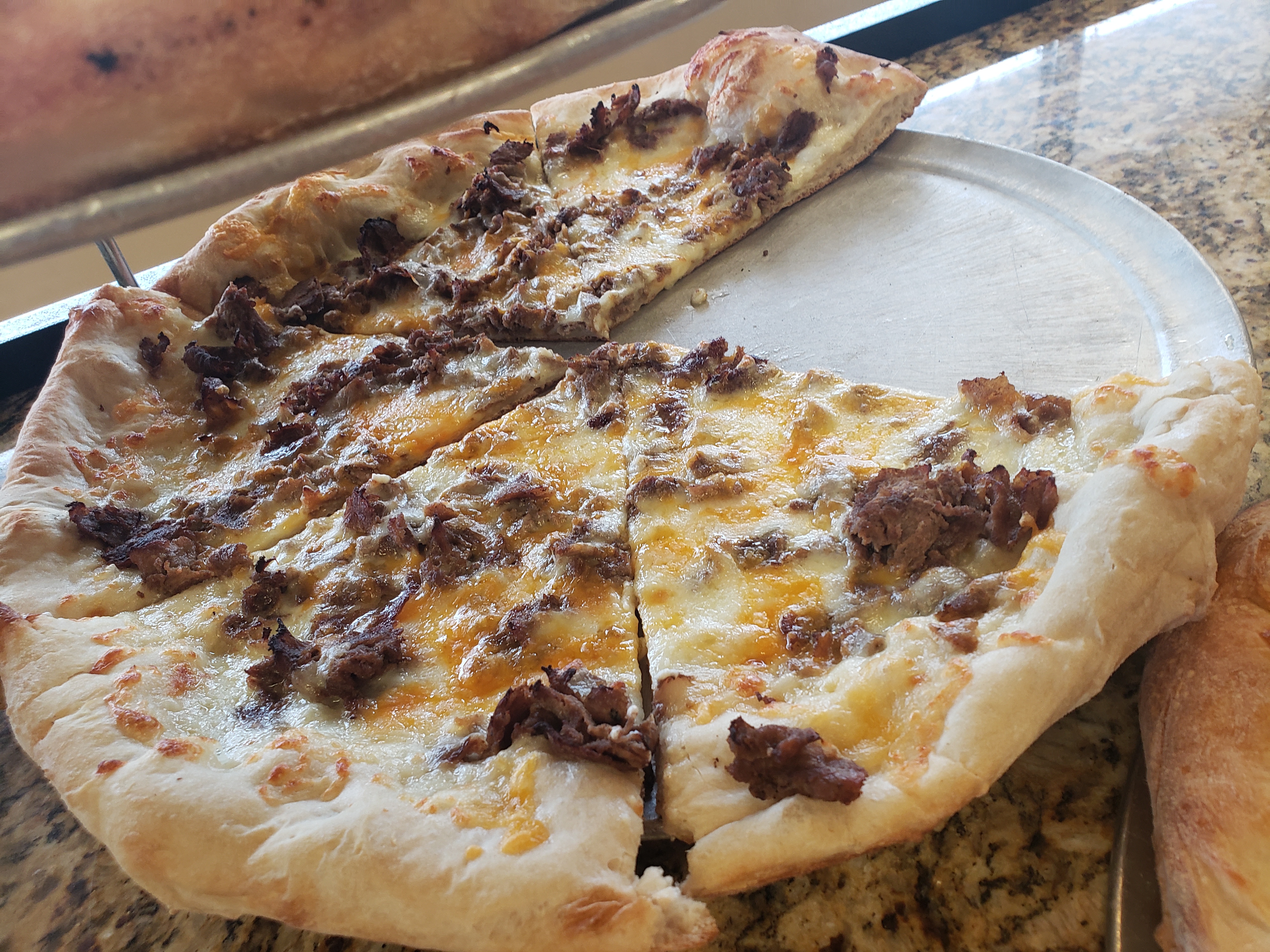 Order Large 8 slices Cheese Steak Pizza food online from Antonio's Pizza store, West Pittston on bringmethat.com