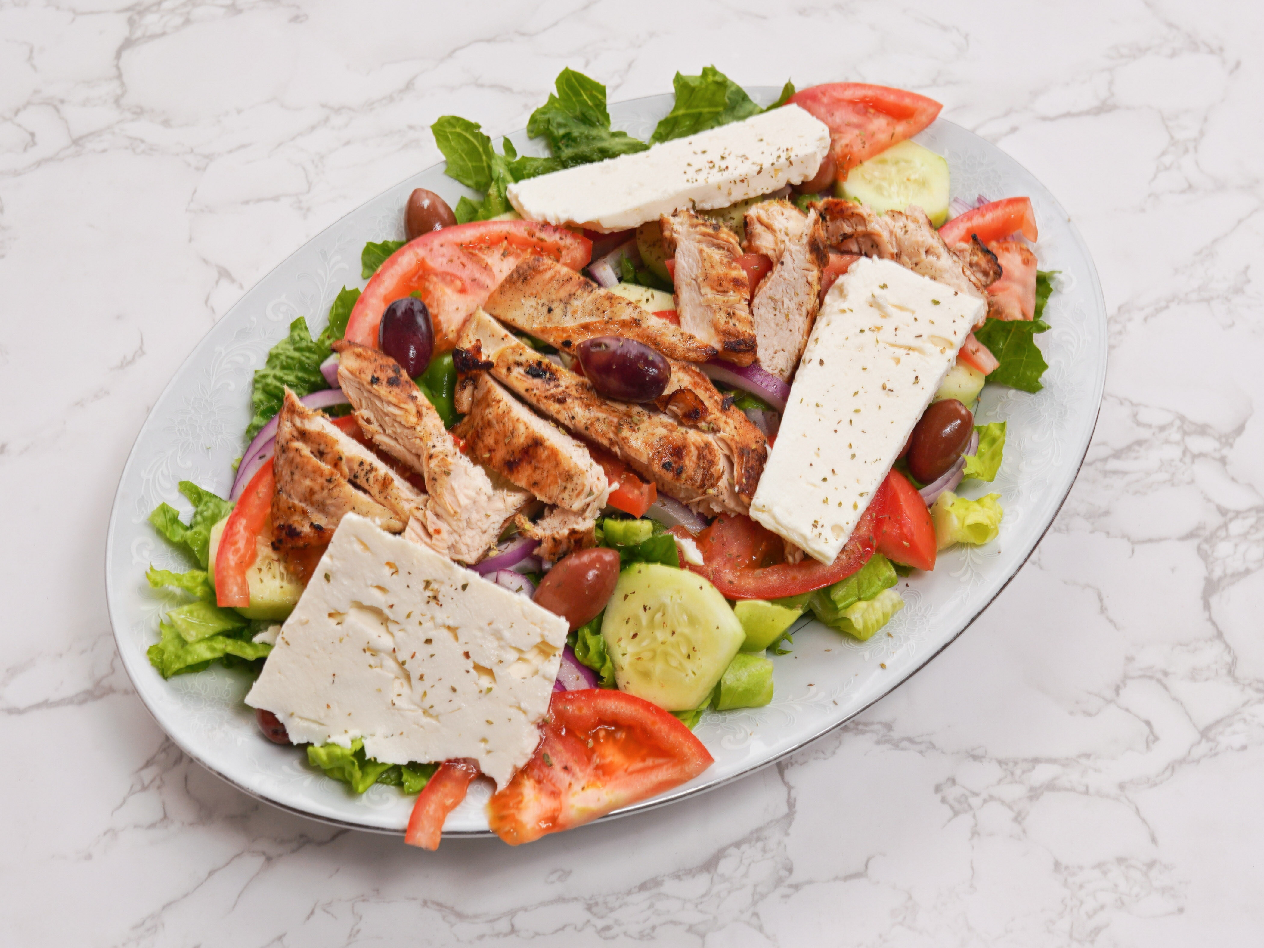 Order Large Greek Salad with 8 oz. Char-Broiled Chicken Breast food online from Eastern Style Pizza store, Chicago on bringmethat.com