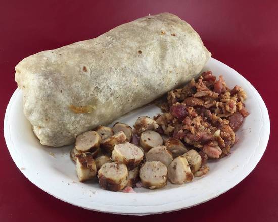 Order 5. Two Meat Breakfast Burrito food online from Michael's Burgers store, Canoga Park on bringmethat.com